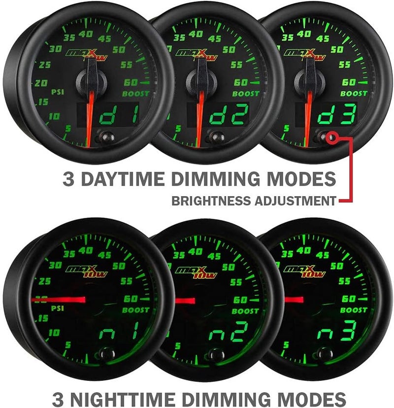 MaxTow Double Vision 260F Transmission Temperature Gauge Kit - Includes 1/8-27 NPT Electronic Sensor & Wiring - Black Dial - Green LED Lighting - Analog & Digital Readouts - for Trucks - 2-1/16" 52mm - Image 5